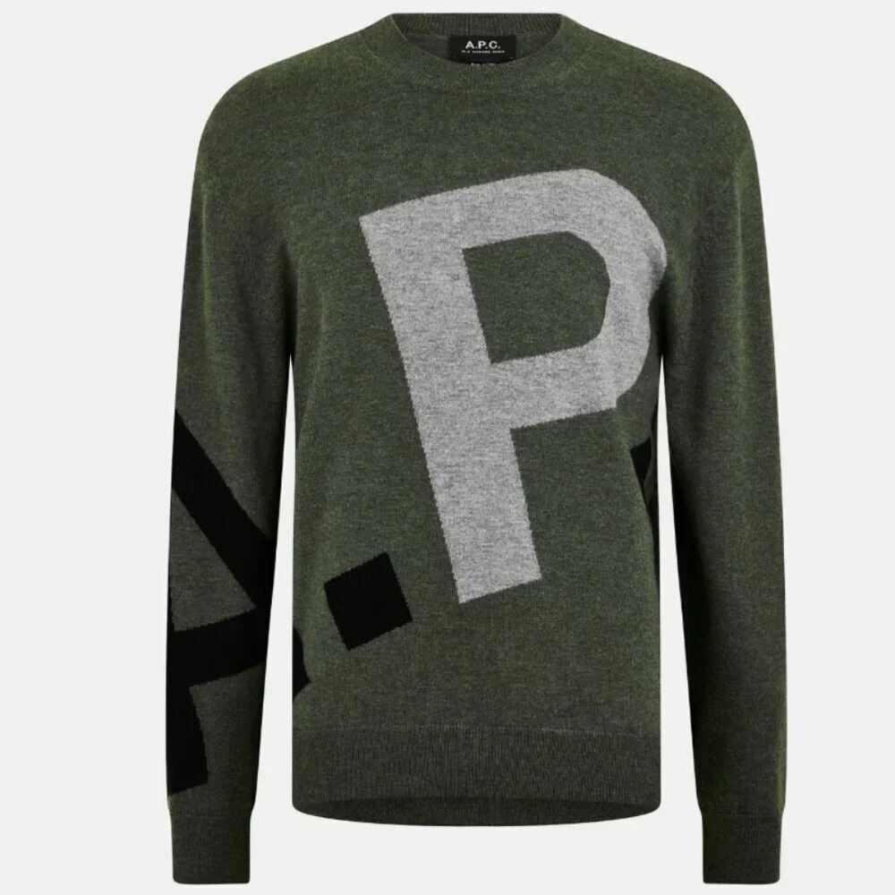 A.P.C. WOOL LOGO SWEATER IN KHAKI SIZE SMALL